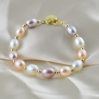 Sötvatten odlade Pearl Bracelet, Freshwater Pearl, med Mässing, Ris, guldfärg pläterade, naturliga, flerfärgad, 8-9mm, Såld Per Ca 7.5 inch Strand