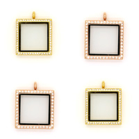 Rustfrit stål Floating Locket Pendant Frame, Stainless Steel, med Glas, Square, forgyldt, med rhinestone, flere farver til valg, 30x30mm, Hole:Ca. 5mm, 3pc'er/Lot, Solgt af Lot