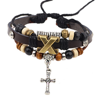 Armband för män, Kohud, med Trä & Kopparbelagd plast & Zink Alloy, Cross, plated, charm armband & justerbar & 3-slagen & med strass, nickel, bly och kadmium gratis, 20x11mm, Längd Ca 7 inch, Säljs av Bag