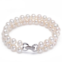 Fionnuisce saothraithe Pearl Bracelet, Pearl Fionnuisce, práis clasp foldover, le 5cm slabhra extender, Prátaí, nádúrtha, micrea réiteach zirconia ciúbach & 2-snáithe, bán, 6-7mm, Díolta Per Thart 7 Inse Snáithe