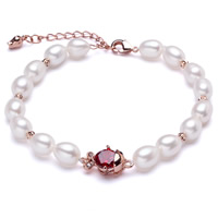 Pulseras de Perlas Freshwater, Perlas cultivadas de agua dulce, con Cristal & metal, con 5cm extender cadena, Pez, chapado en color rosa dorada, natural & facetas & con diamantes de imitación, Blanco, 7-8mm, Vendido para aproximado 7 Inch Sarta