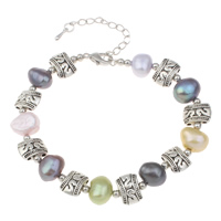 Sötvatten odlade Pearl Bracelet, Freshwater Pearl, med Zink Alloy, med 4cm extender kedja, Barock, antik silver pläterad, färgade, flerfärgad, 8-9mm, Såld Per Ca 7 inch Strand