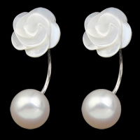 Dobbelt Stillet Stud Earring, Ferskvandsperle, med White Shell, messing ørering indlæg, Flower, naturlig, hvid, 8-9mm, 10x26x17mm, Solgt af par