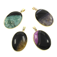 Agate fissure Pendentif, avec fer, ovale plat, Placage de couleur d'or, couleurs mélangées, 25x38x9mm-27x40x10mm, Trou:Environ 4x6mm, 10PC/sac, Vendu par sac