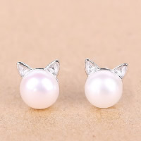 Süßwasserperlen Ohrringe, 925 Sterling Silber, mit Gummi Earnut & Natürliche kultivierte Süßwasserperlen, Katze, natürlich, 9x8mm, 5PaarePärchen/Menge, verkauft von Menge