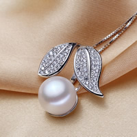 Freshwater Pearl Pendants with Brass Leaf silver color plated natural & micro pave cubic zirconia white 11-12mm Approx 2-5mm Sold By PC