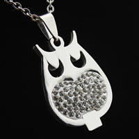 Rustfrit stål Animal Pendler, Stainless Steel, med rhinestone ler bane, Owl, oprindelige farve, 24x33x3mm, Hole:Ca. 3-5mm, 3pc'er/Bag, Solgt af Bag