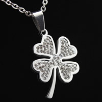 RVS Bloem Hanger, Roestvrij staal, met strass klei pave, Four Leaf Clover, oorspronkelijke kleur, 23x32x3mm, Gat:Ca 3-5mm, 3pC's/Bag, Verkocht door Bag