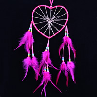 Mode Dreamcatcher, Jern, med Feather & Nylonsnor & Glas Seed Beads, Heart, lyse rosenrødt, 170x550mm, 2pc'er/Bag, Solgt af Bag