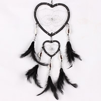 Mode Dreamcatcher, fer, avec plume & corde en nylon & coquille, coeur, noire, 110x400mm, 2PC/sac, Vendu par sac