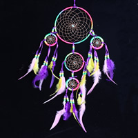 Mode Dreamcatcher, fer, avec plume & ruban de satin & corde en nylon, Plat rond, multicolore, 170x450mm, 2PC/sac, Vendu par sac