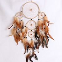 Mode Dreamcatcher, Järn, med Feather & Satin Ribbon & Nylontråd & Glass Seed Beads, Flat Round, kaffe färg, nickel, bly och kadmium gratis, 170x700mm, 2PC/Bag, Säljs av Bag