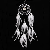 Muoti Dreamcatcher, Rauta, kanssa Sulka & Nylonnaru & Lasi Siemenhelmet, Litteä pyöreä, valkoinen, nikkeli, lyijy ja kadmium vapaa, 130x550mm, 2PC/laukku, Myymät laukku