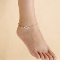 Zinc Alloy anklet, med jern kæde, med 5cm extender kæde, Infinity, sølvfarvet forgyldt, oval kæde & med rhinestone, nikkel, bly & cadmium fri, 220mm, Længde Ca. 8.5 inch, 3Strands/Bag, Solgt af Bag