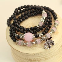 bracelet de multicouches de Perles de verre, agate noire, avec quartz rose & alliage de zinc, éléphant, Plaqué de couleur d'argent, naturel & bracelet à breloques & 4 brins & avec strass, 730mm, Vendu par Environ 28.5 pouce brin