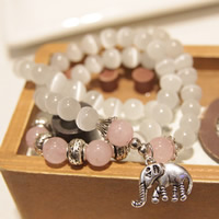 Glasperler Multilayer Armbånd, Cats Eye, med Rose Quartz & Zinc Alloy, Elephant, antik sølv farve forgyldt, 3-streng, 530mm, Solgt Per Ca. 20.5 inch Strand