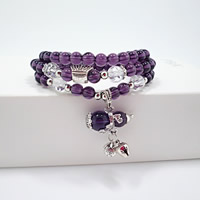 Glasperlen Multilayer Armbänder, Amethyst, mit Kristall & Zinklegierung, antik silberfarben plattiert, Februar Birthstone & natürliche & Armband  Bettelarmband & 3-Strang, 520mm, verkauft per ca. 20 ZollInch Strang