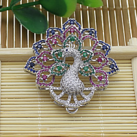 Cúbicos Circonia Colgante Latón Micro pavimenta, metal, Pavo Real, chapado en platina real, micro arcilla de zirconia cúbica, libre de níquel, plomo & cadmio, 39x42x9.50mm, agujero:aproximado 3mm, 5PCs/Grupo, Vendido por Grupo