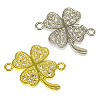 Kubik Zirkonium mikro bana Mässing Kontaktdon, Four Leaf Clover, plated, micro bana cubic zirconia & 1/1 slinga, fler färger för val, nickel, bly och kadmium gratis, 16x14x1.80mm, Hål:Ca 1mm, 20PC/Lot, Säljs av Lot