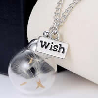 Glass Globe Necklace Zinc Alloy with iron chain & Glass Round word wish platinum color plated with dandelion seeds & twist oval chain & enamel nickel lead & cadmium free Length Approx 17.5 Inch Sold By Bag