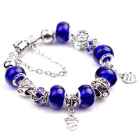 Bracelet European , alliage de zinc, avec chaîne en laiton & chalumeau, Fait avec amour mot, Plaqué de couleur d'argent, bracelet à breloques & longueur différente pour le choix & avec strass, protéger l'environnement, sans nickel, plomb et cadmium, 3mm, 8x10mm, 10Strandstoron/lot, Vendu par lot