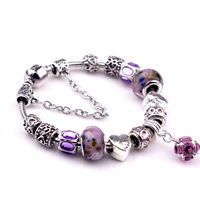 Bracelet European , alliage de zinc, avec chaîne en laiton & cristal & chalumeau, mot être mon Valentin, Plaqué de couleur d'argent, bracelet à breloques & longueur différente pour le choix & facettes, protéger l'environnement, sans nickel, plomb et cadmium, 3mm, 8x10mm, 10Strandstoron/lot, Vendu par lot