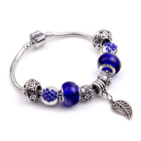 European Armband, Zinklegierung, mit Messingkette & Lampwork, antik silberfarben plattiert, Armband  Bettelarmband & unterschiedliche Länge der Wahl & mit Strass, frei von Nickel, Blei & Kadmium, 3mm, 8x10mm, 10SträngeStrang/Menge, verkauft von Menge