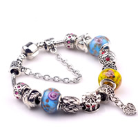 European Armband, Zinklegierung, mit Messingkette & Lampwork, antik silberfarben plattiert, Armband  Bettelarmband & unterschiedliche Länge der Wahl & mit Strass, frei von Nickel, Blei & Kadmium, 3mm, 8x10mm, 10SträngeStrang/Menge, verkauft von Menge