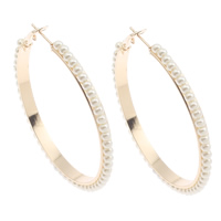 Ijzer Hoop Earring, met ABS kunststof parel, gold plated, wit, nikkel, lood en cadmium vrij, 53x56x4mm, Verkocht door pair