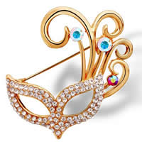 Strass Broche, Zinc Alloy, Maskeren, gold plated, met strass, nikkel, lood en cadmium vrij, 37x37mm, Verkocht door PC