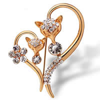 Strass Broche, Zinc Alloy, Vos, gold plated, met strass, nikkel, lood en cadmium vrij, 53x38mm, Verkocht door PC