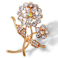 Broche de strass, alliage de zinc, fleur, Placage de couleur d'or, avec strass, protéger l'environnement, sans nickel, plomb et cadmium, 45x35mm, Vendu par PC