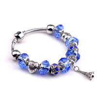 Bracelet European , alliage de zinc, avec chaîne en laiton & cristal, Plaqué de couleur d'argent, bracelet à breloques & longueur différente pour le choix & facettes & avec strass, protéger l'environnement, sans nickel, plomb et cadmium, 3mm, 8x10mm, 10Strandstoron/lot, Vendu par lot