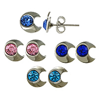 Roestvrij staal Stud Earrings, Maan, met strass, meer kleuren voor de keuze, 8x8x3.50mm, 500pC's/Lot, Verkocht door Lot