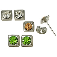 Stainless Steel Stud Øreringe, Square, med rhinestone, flere farver til valg, 6x6x3.50mm, 500pc'er/Lot, Solgt af Lot