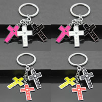 Zinc Alloy Key Chain, med jernring, Kryds, word jesus elsker dig, platin farve forgyldt, emalje, blandede farver, bly & cadmium fri, 23x25mm, Hole:Ca. 32mm, Længde Ca. 3-3.5 inch, 3Strands/Bag, Solgt af Bag