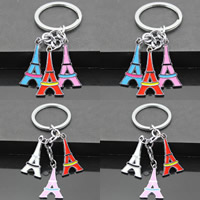 Zinc Alloy Key Chain, med jernring, Eiffeltårnet, platin farve forgyldt, emalje, blandede farver, bly & cadmium fri, 27x32mm, Hole:Ca. 32mm, Længde Ca. 3-3.5 inch, 3Strands/Bag, Solgt af Bag