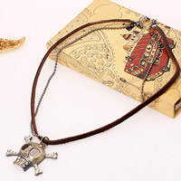 Men Necklace Cowhide with Zinc Alloy Skull plated ball chain & with rhinestone &  3mm Sold Per Approx 19 Inch Strand