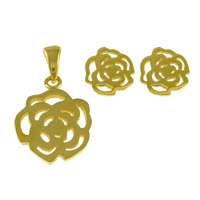 Roestvrij staal sieraden sets, hanger & oorbel, Bloem, gold plated, 15x20x1.5mm, 9x1mm, Gat:Ca 3x6mm, 10sets/Lot, Verkocht door Lot