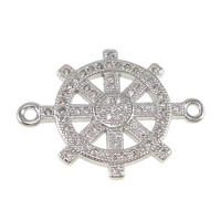 Cirkónia mikro pavei réz csatlakozó, Sárgaréz, Ship Wheel, platinával bevont, tengeri minta & mikro egyengetni cirkónia & 1/1 hurok, nikkel, ólom és kadmium mentes, 25x19x2mm, Lyuk:Kb 1.5mm, 20PC-k/Lot, Által értékesített Lot