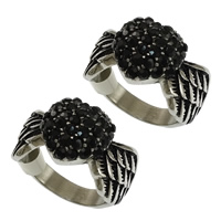 Nerezové muži prst prsten, Nerez, Okřídlené srdce, Smíšené velikosti ring & s drahokamu & černat, 11.50x5mm, Velikost:6-9, 12PC/Lot, Prodáno By Lot