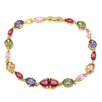 Zircon cubique Bracelet, laiton, Plaqué d'or, avec zircone cubique & facettes, multicolore, protéger l'environnement, sans nickel, plomb et cadmium, 15.5x8x5mm, 10x7.5x5mm, Longueur Environ 8 pouce, 5Strandstoron/lot, Vendu par lot