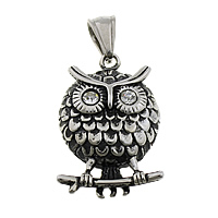 Rustfrit stål Animal Pendler, 316L Stainless Steel, Owl, med rhinestone & sværte, 21.50x33x7mm, Hole:Ca. 4x8mm, 5pc'er/Lot, Solgt af Lot