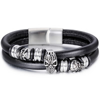 Los hombres de la pulsera y del brazalete, Cuero de vaca, con silicona & acero inoxidable, Calavera, para hombre & 2-sarta & ennegrezca, 16mm, Vendido para aproximado 8.4 Inch Sarta