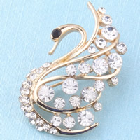 Broche de strass, alliage de zinc, cygne, Placage de couleur d'or, avec strass, sans plomb et cadmium, 50mm, 10PC/sac, Vendu par sac