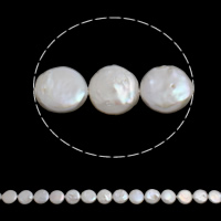 Grânulos pérolas de água doce cultivados da moeda, naturais, branco, Grade AAA, 14-15mm, Buraco:Aprox 0.8mm, vendido para Aprox 15.3 inchaltura Strand