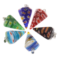 Millefiori Glas vedhæng Smykker, Millefioriglas, med jern kaution, Spike, platin farve forgyldt, flere farver til valg, 16x27mm, Hole:Ca. 3x6mm, 5pc'er/Bag, Solgt af Bag