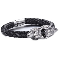 Men Bracelet Cowhide with Stainless Steel Wolf for man & blacken 16mm Sold Per Approx 8.4 Inch Strand