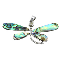 Naturlig Abalone Shell Pendler, Messing, med Abalone Shell, Dragonfly, platin farve forgyldt, naturlige & med rhinestone, nikkel, bly & cadmium fri, 52x27x3mm, Hole:Ca. 4x6mm, 10pc'er/Lot, Solgt af Lot