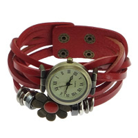 Montre bracelet de femmes, cuir de peau de vache, avec cadran en alliage de zinc, Plaquage normal, émail & 2 fils, rouge, protéger l'environnement, sans nickel, plomb et cadmium, 27mm,25x25x8mm, Longueur Environ 8.5 pouce, 6PC/lot, Vendu par lot